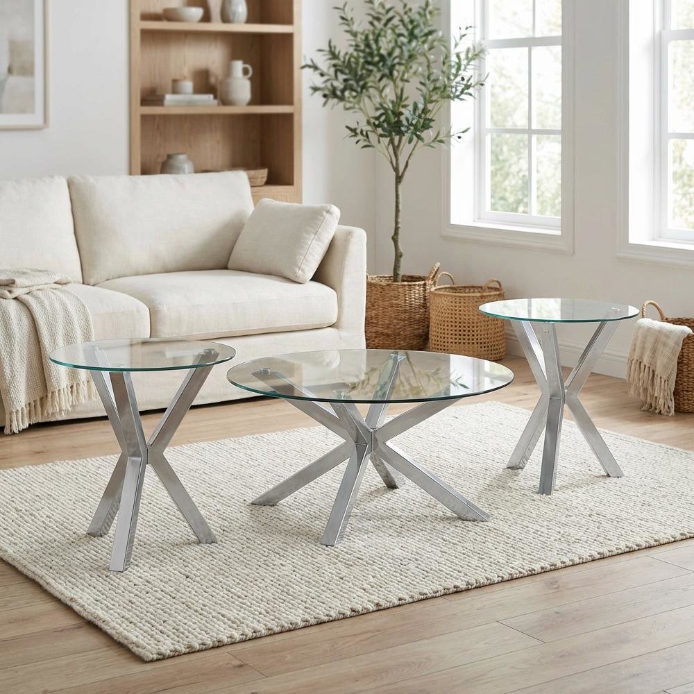 3-Piece Chrome Round Coffee and End Table Set with Plastic Glides