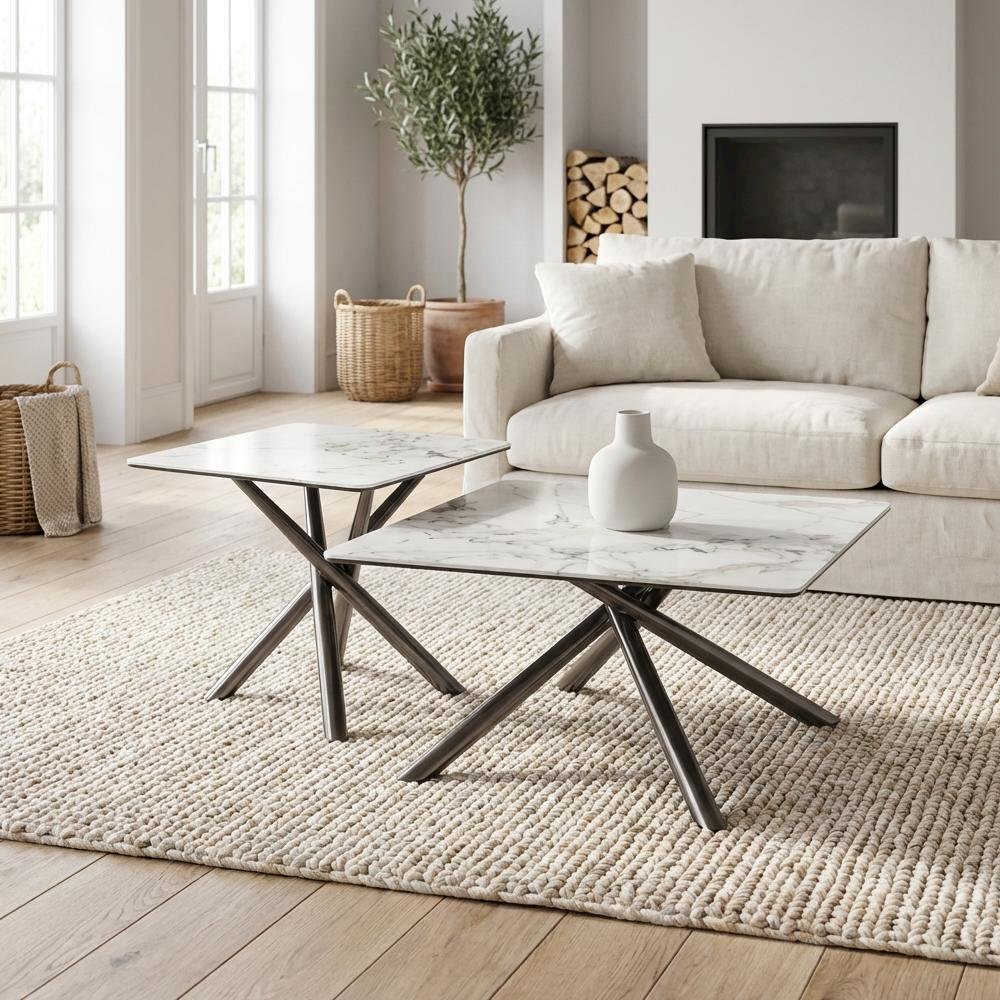 White 2-Piece Square Coffee and End Table Set with Levelers, Contemporary Design