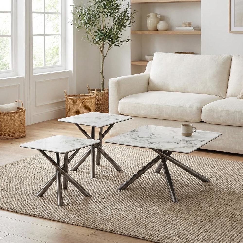 White 3-Piece Square Coffee and End Table Set Contemporary Design