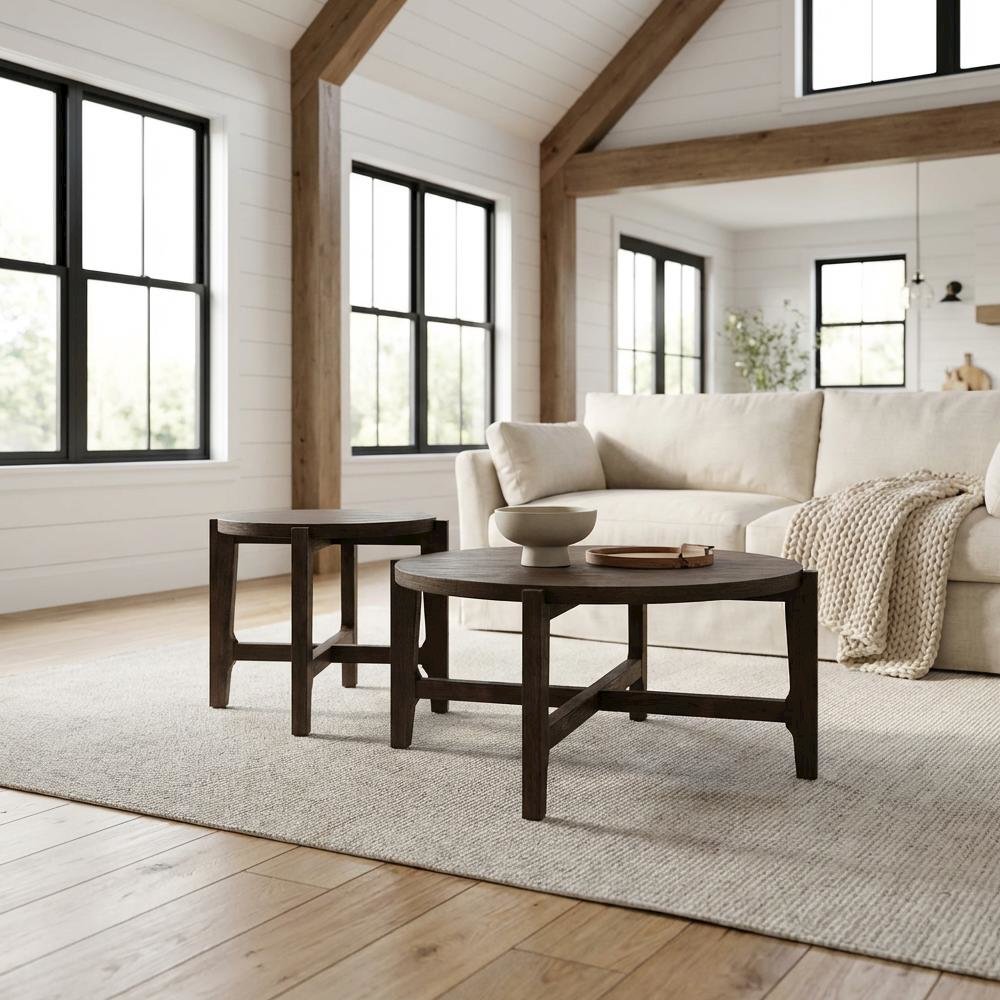 Dark Brown 2-Piece Solid Wood Round Coffee and End Table Set, 200 lb Capacity