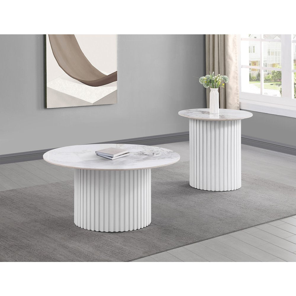 Rowena Round Sintered Stone End Table White Faux Marble
