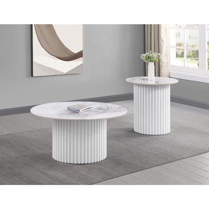 Rowena Round Sintered Stone End Table White Faux Marble