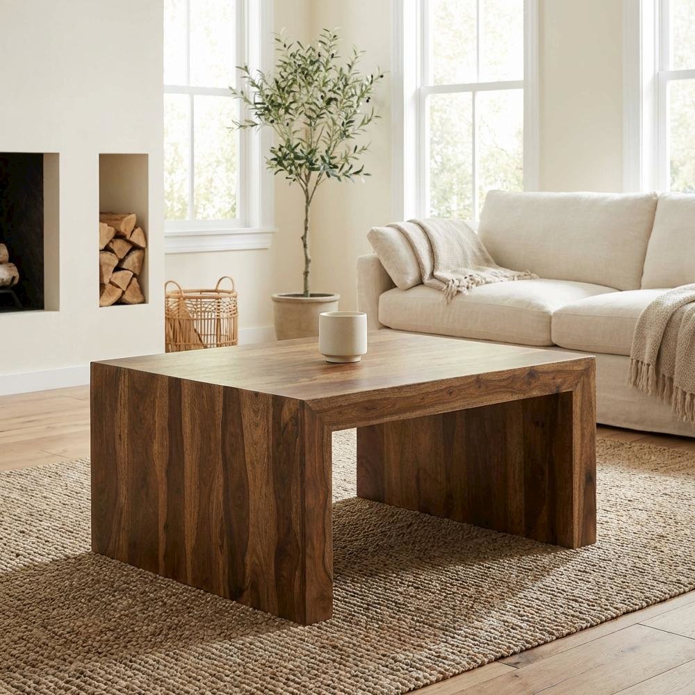 Square Auburn Solid Wood Coffee Table with Farmhouse Design and Sturdy Build