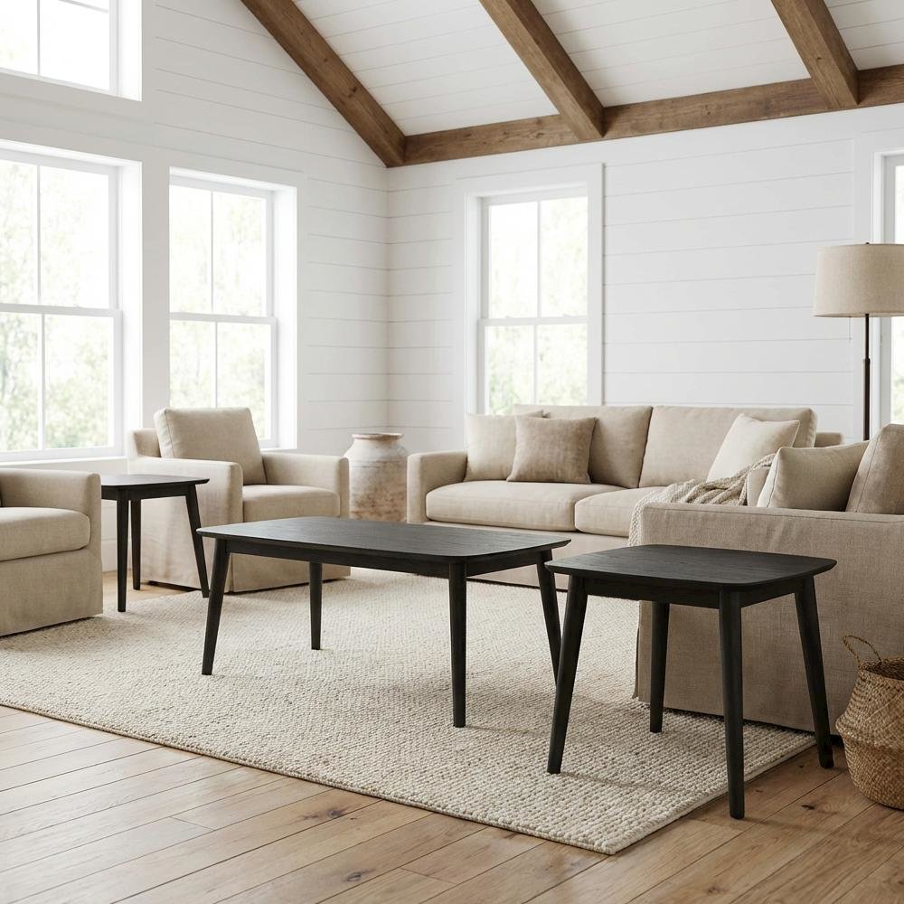 3-Piece Black Rectangular Coffee Table Set with Mid-Century Modern Style