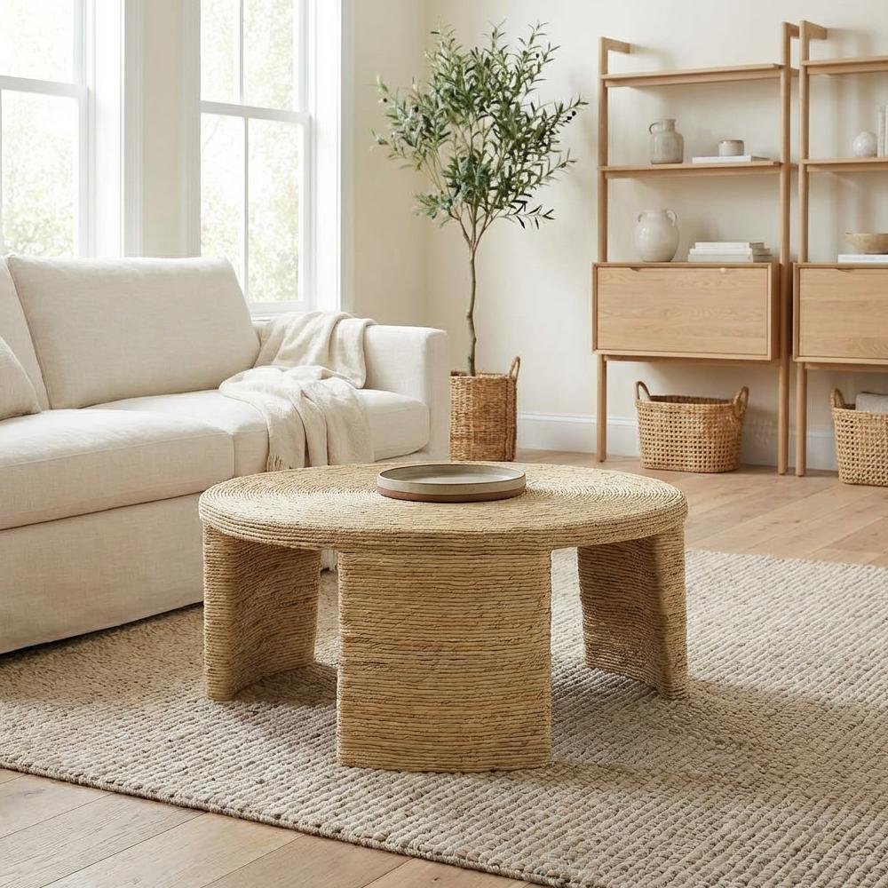 Warm Brown Round Coffee Table with Woven Rattan Surface Coastal Design