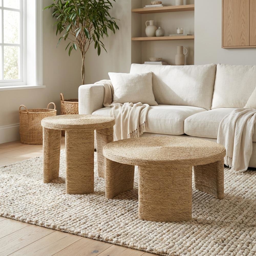 Neutral Rattan 2-Piece Coffee and End Table Set with Round Shape