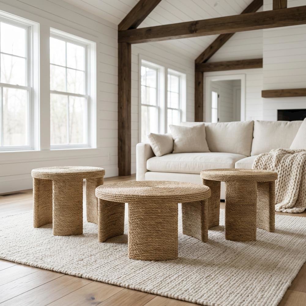 Neutral Rattan 3-Piece Coffee and End Table Set with Round Tops Coastal Style