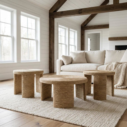 Neutral Rattan 3-Piece Coffee and End Table Set with Round Tops Coastal Style