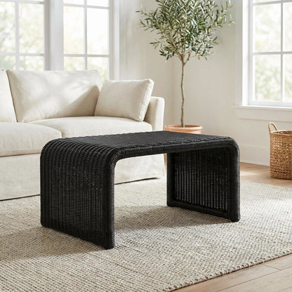Black Square Coffee Table with Woven Rattan Top and Coastal Style Design