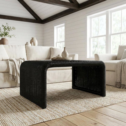 Black Square Coffee Table with Woven Rattan Top and Coastal Style Design