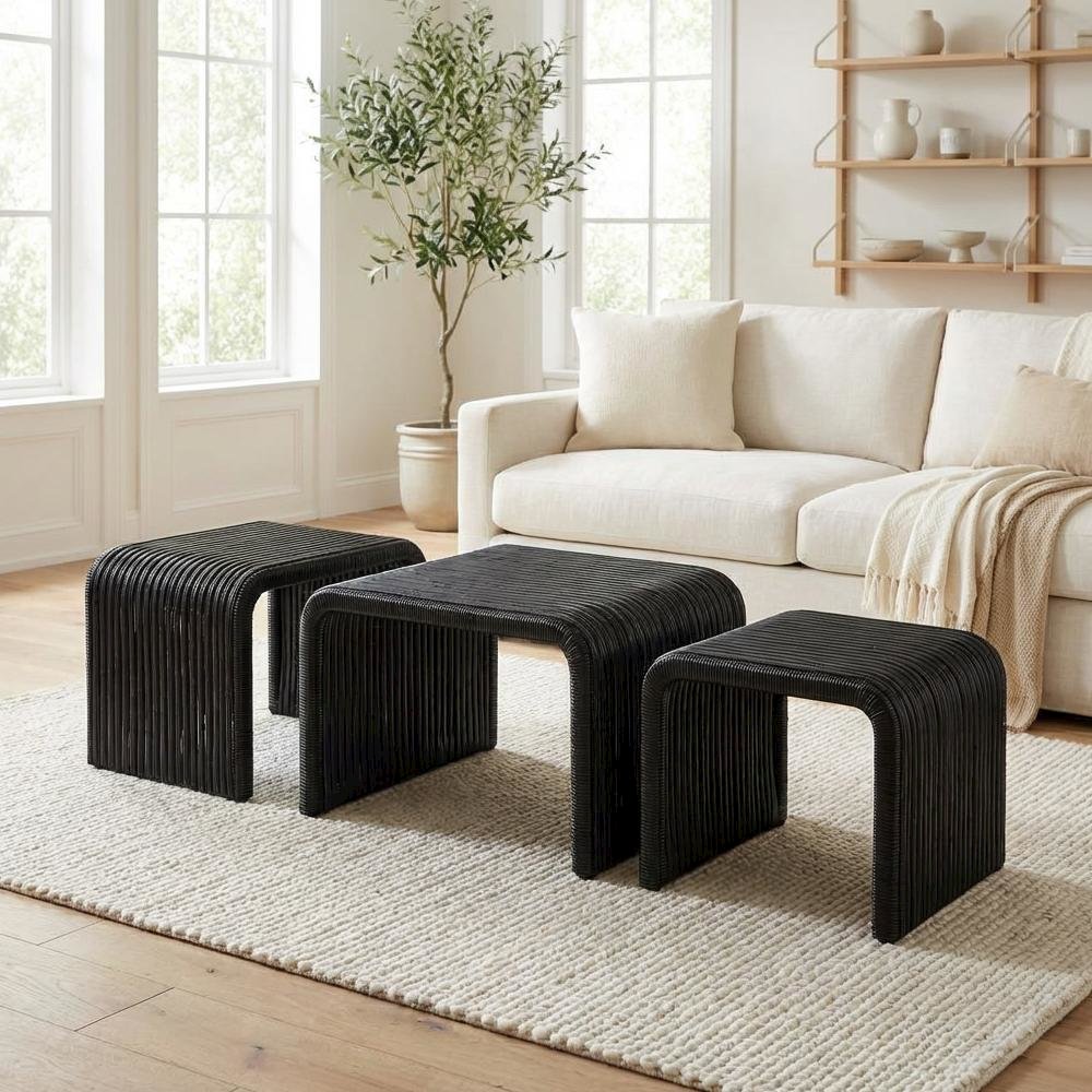 Black 3-Piece Square Coffee, End Table Set with Coastal Style, 200 lb Capacity