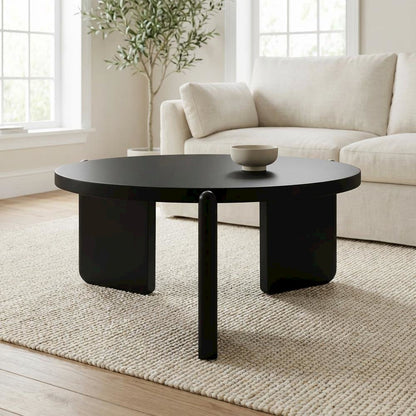 Round Black Coffee Table Solid Wood Contemporary Design with Stable Build