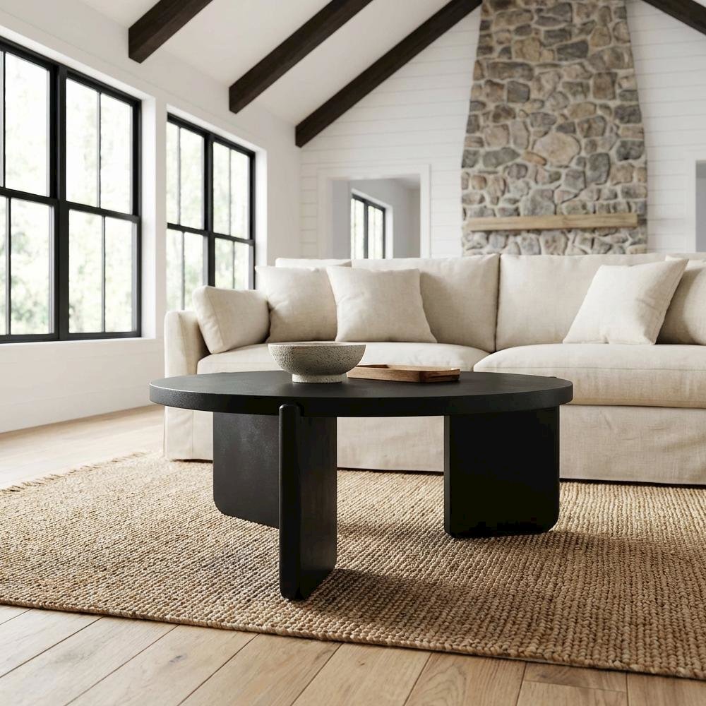 Round Black Coffee Table Solid Wood Contemporary Design with Stable Build