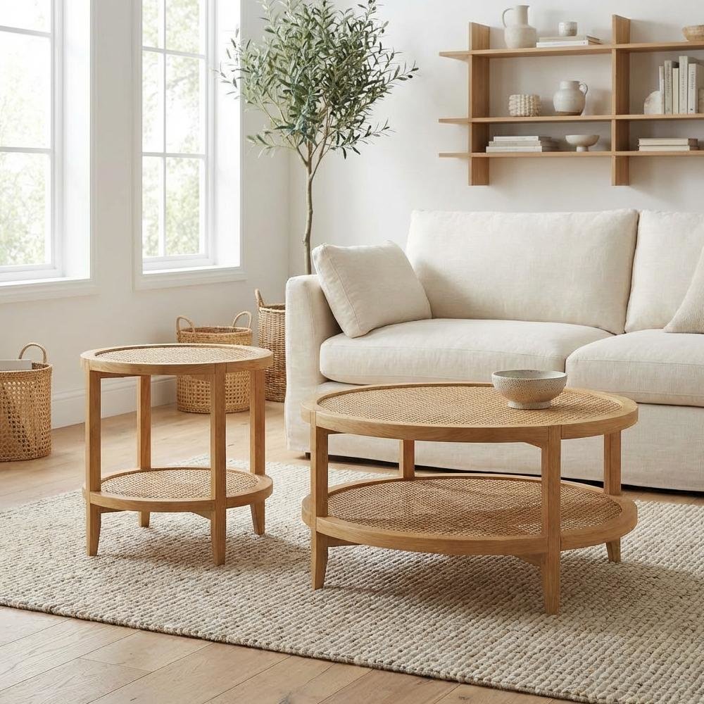 2-Piece Round Coffee and End Table Set with Transitional Style and Durable Build