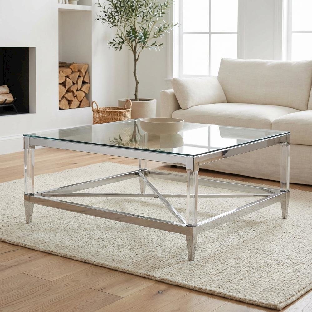 Silver Square Tempered Mirror Acrylic Coffee Table with Chrome Base