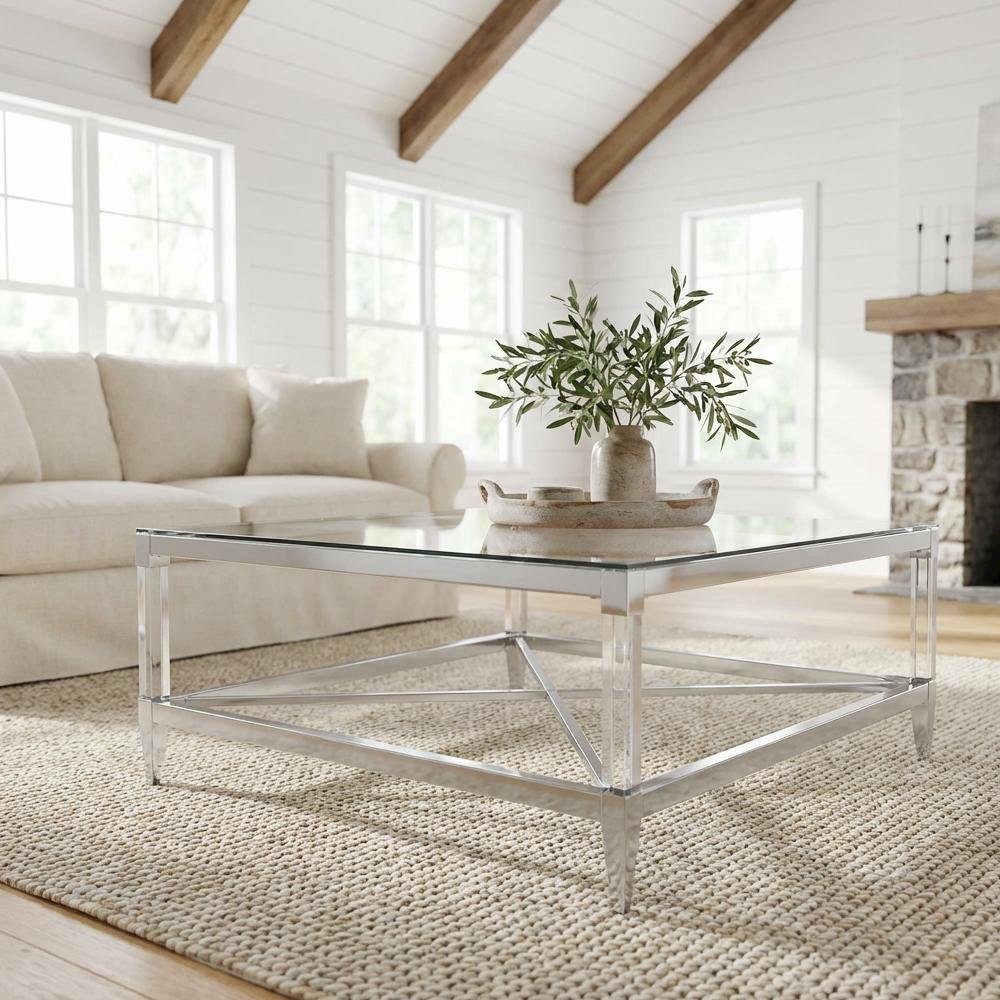 Silver Square Tempered Mirror Acrylic Coffee Table with Chrome Base