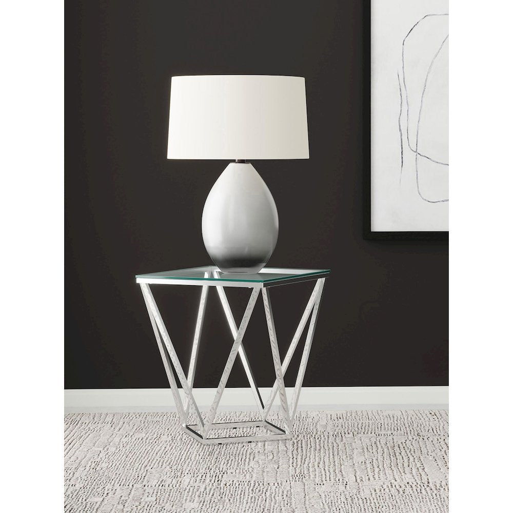 Brittania Square Glass Top Geometric End Table Nickel