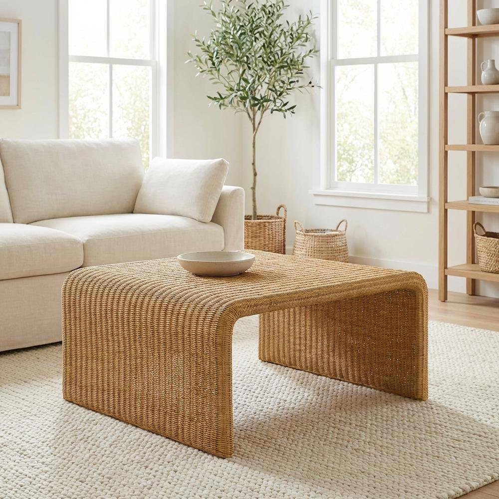 Square Woven Rattan Coffee Table in Neutral Brown with Coastal Style
