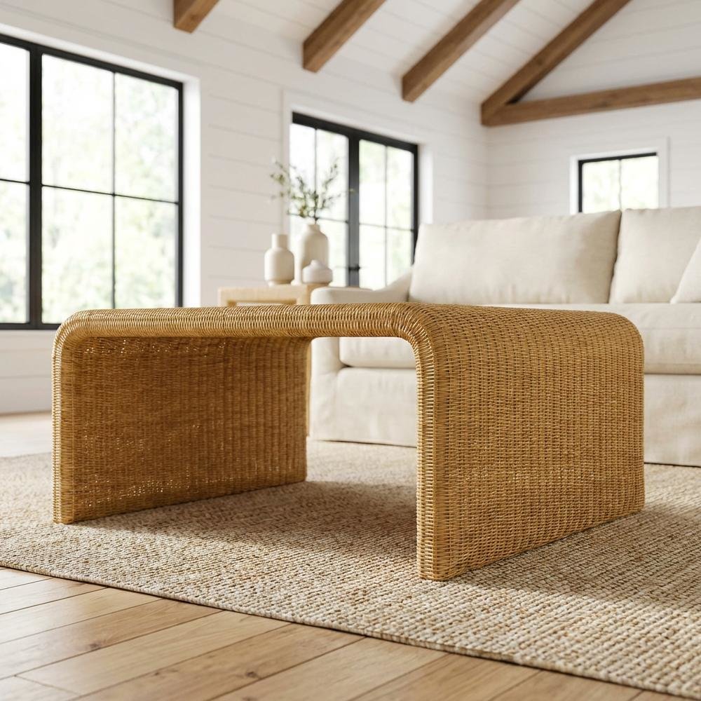 Square Woven Rattan Coffee Table in Neutral Brown with Coastal Style