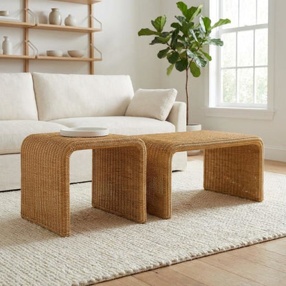 Neutral Rattan 2-Piece Coffee and End Table Set with Coastal Style