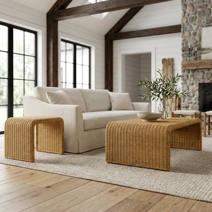Neutral Rattan 2-Piece Coffee and End Table Set with Coastal Style