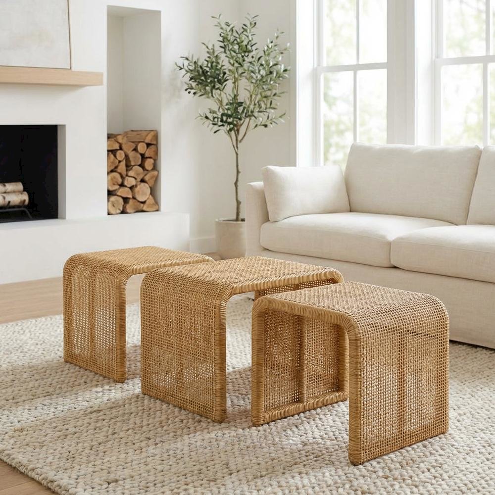 Neutral-Toned Rattan 3-Piece Coffee, End Table Set, Square Tops, Coastal Design