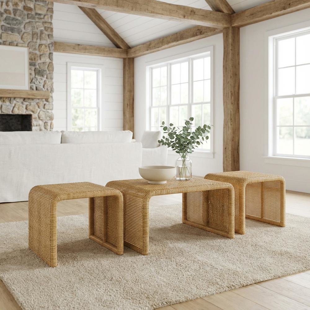 Neutral-Toned Rattan 3-Piece Coffee, End Table Set, Square Tops, Coastal Design