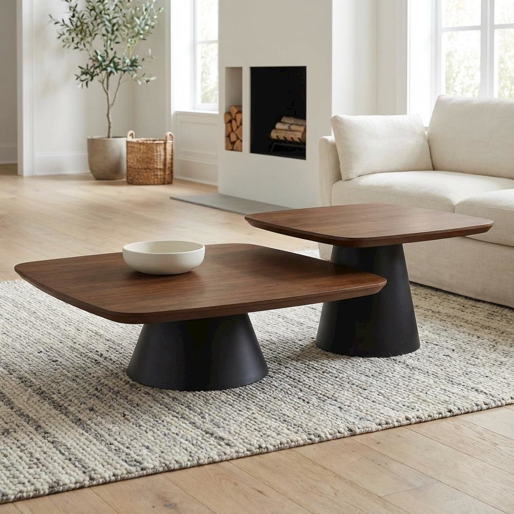 Walnut and Black 2-Piece Coffee and End Table Set with Contemporary Style