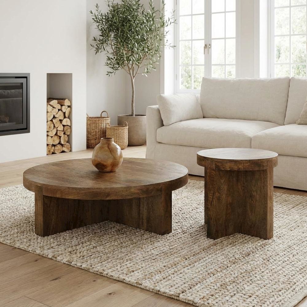 Brown 2-Piece Round Solid Wood Coffee and End Table Set with Farmhouse Design