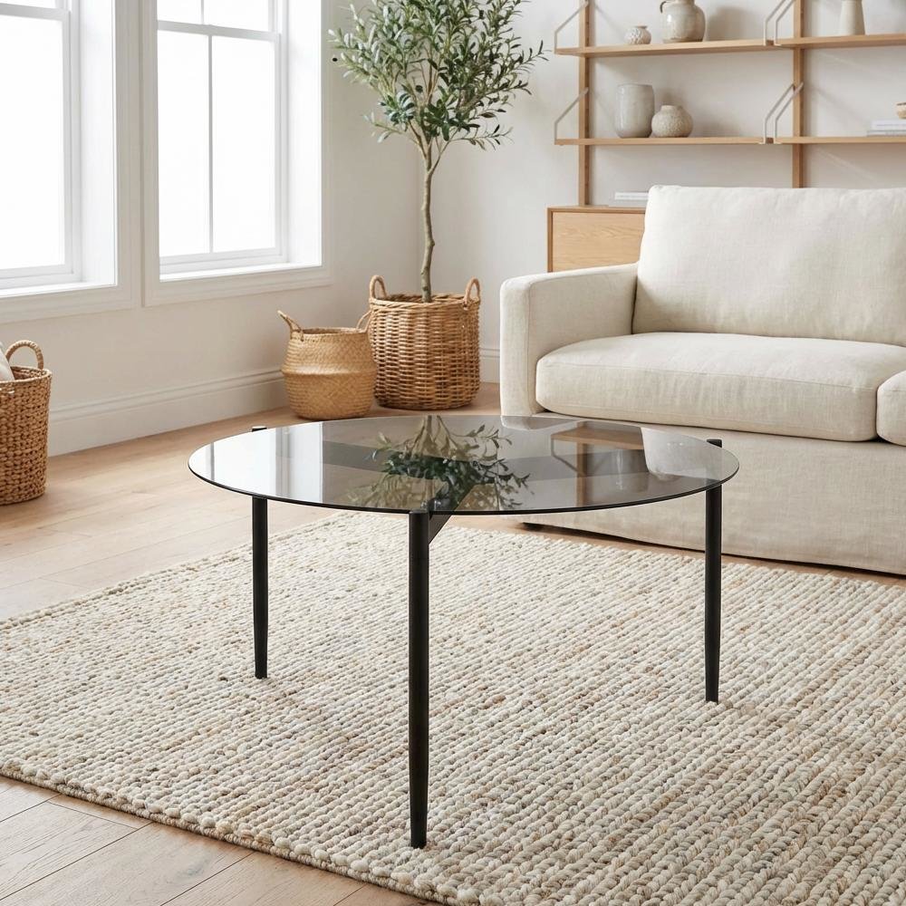 Round Sandy Black Coffee Table with Smoked Glass Top and Contemporary Design