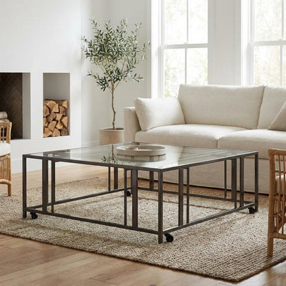 Square Black Glass Top Coffee Table with Casters and Contemporary Style