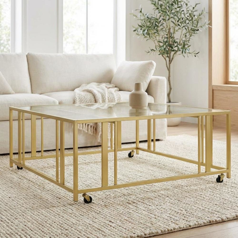 Square Coffee Table Gold Matte Brass Casters Contemporary Design