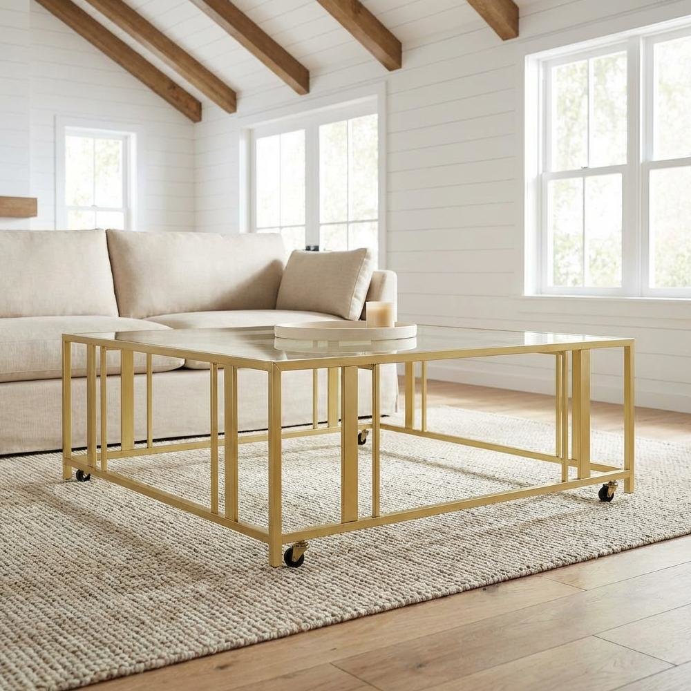 Square Coffee Table Gold Matte Brass Casters Contemporary Design