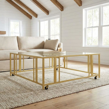 Square Coffee Table Gold Matte Brass Casters Contemporary Design