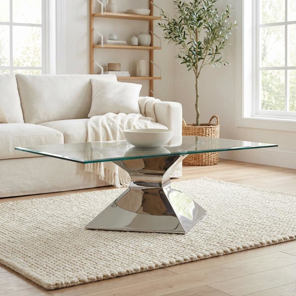 Rectangular Chrome Coffee Table with Glass Top and Stainless Steel Frame