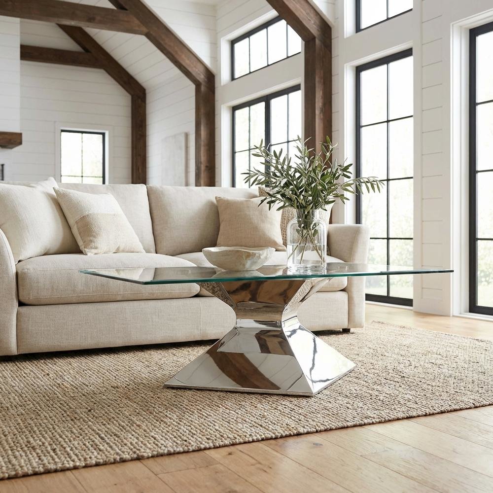 Rectangular Chrome Coffee Table with Glass Top and Stainless Steel Frame