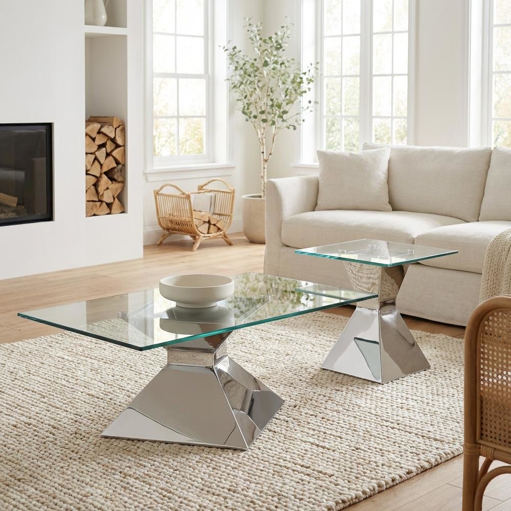 Chrome 2-Piece Rectangular Coffee and End Table Set with Contemporary Design