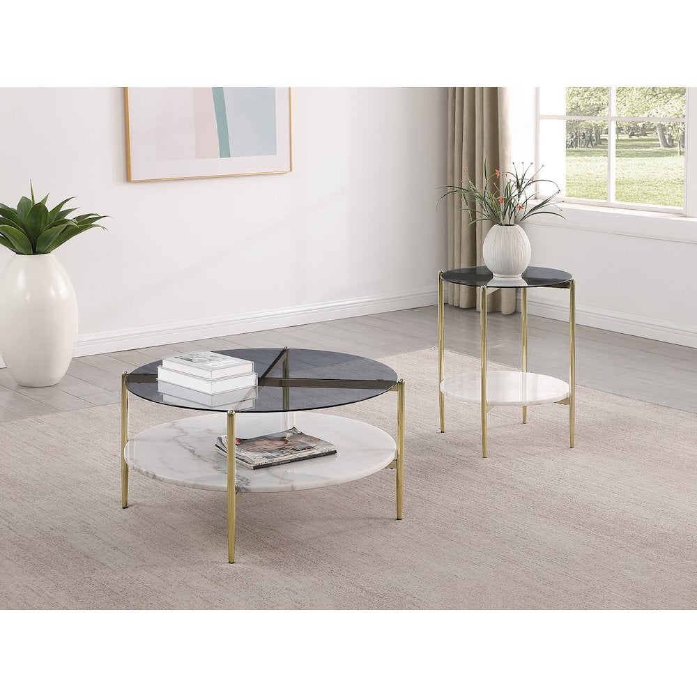 Jonelle Round Glass Top End Table White Marble Shelf Gold
