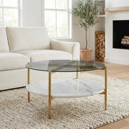 Round Coffee Table Grey with Marble Shelf and Gold Frame Contemporary Design