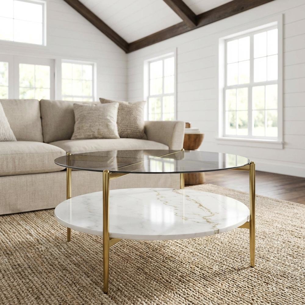 Round Coffee Table Grey with Marble Shelf and Gold Frame Contemporary Design
