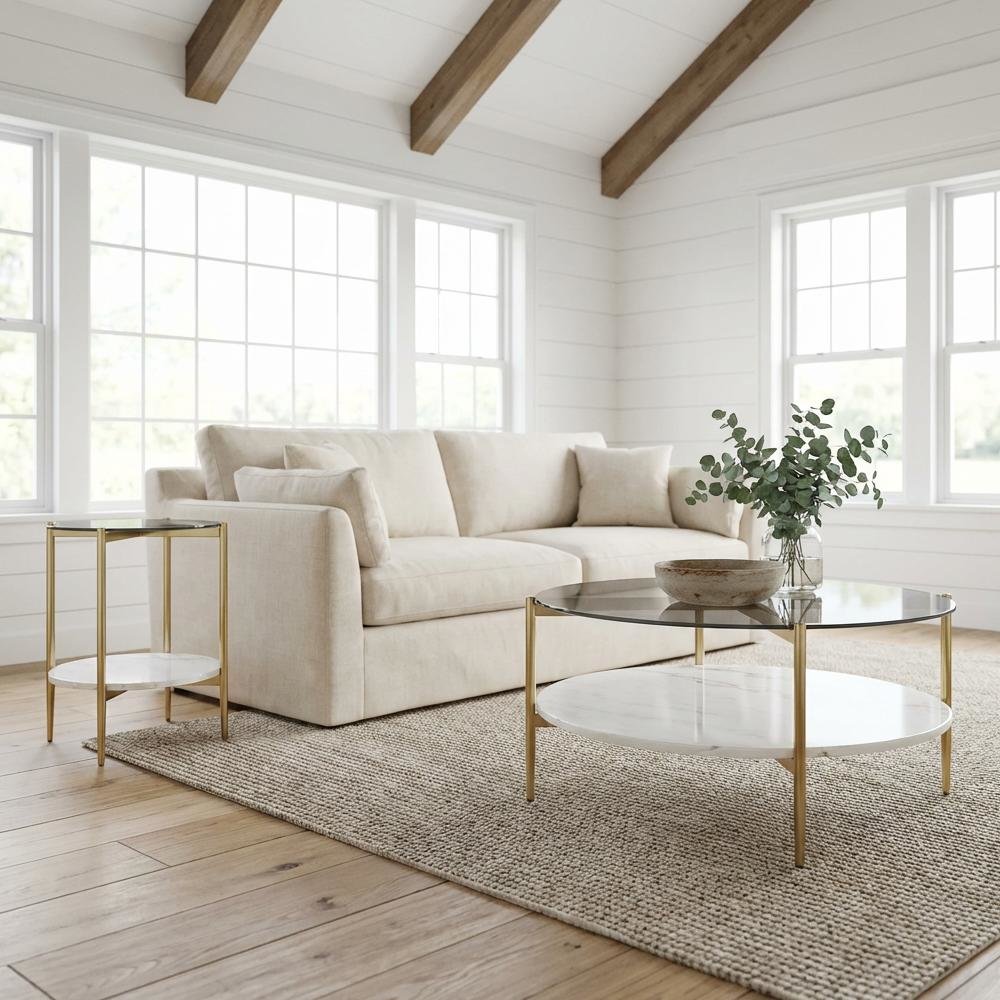 Gold 2-Piece Round Coffee and End Table Set with Contemporary Style