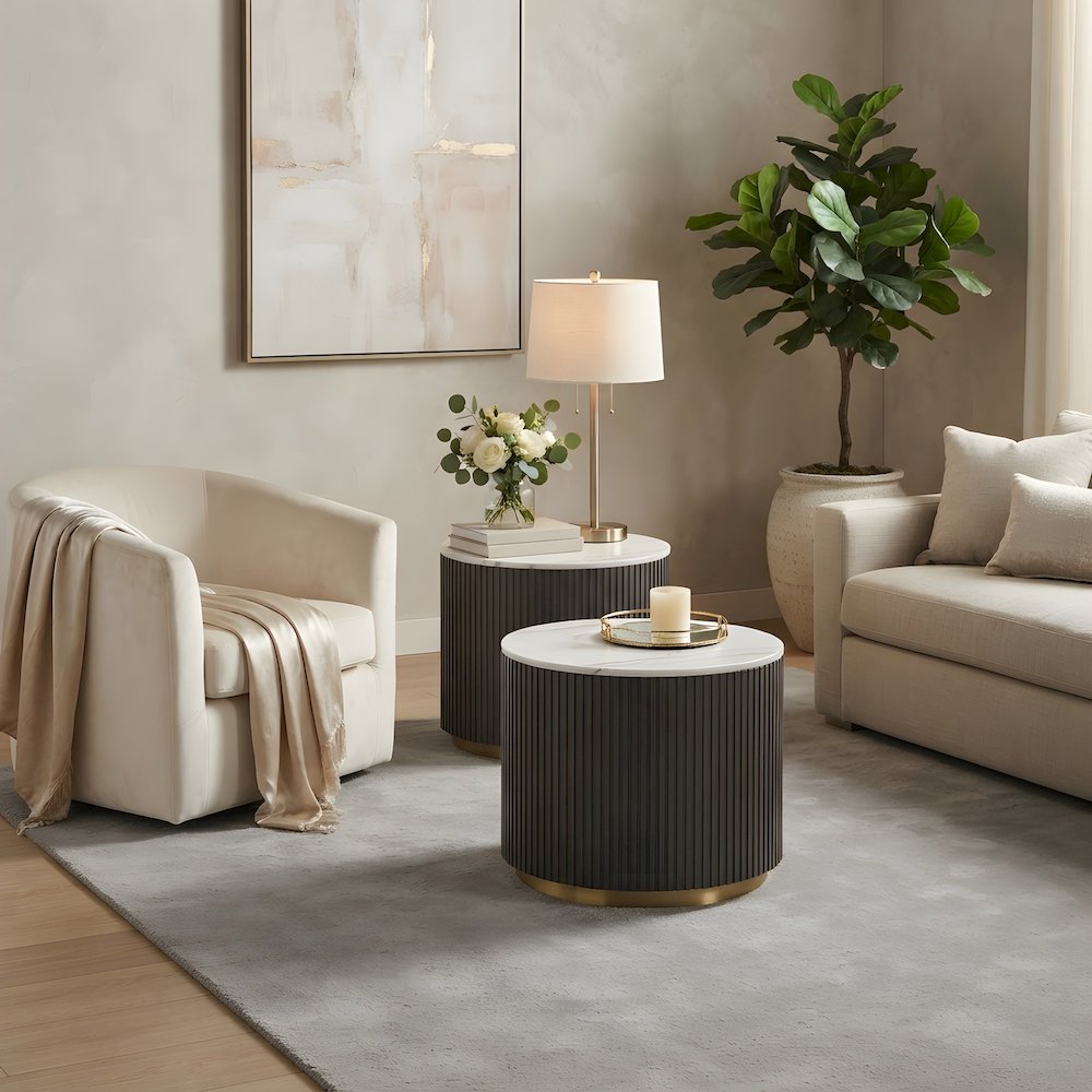 Round Marble-Top End Table with Engineered Wood Base, White
