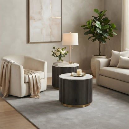 Round Marble-Top End Table with Engineered Wood Base, White