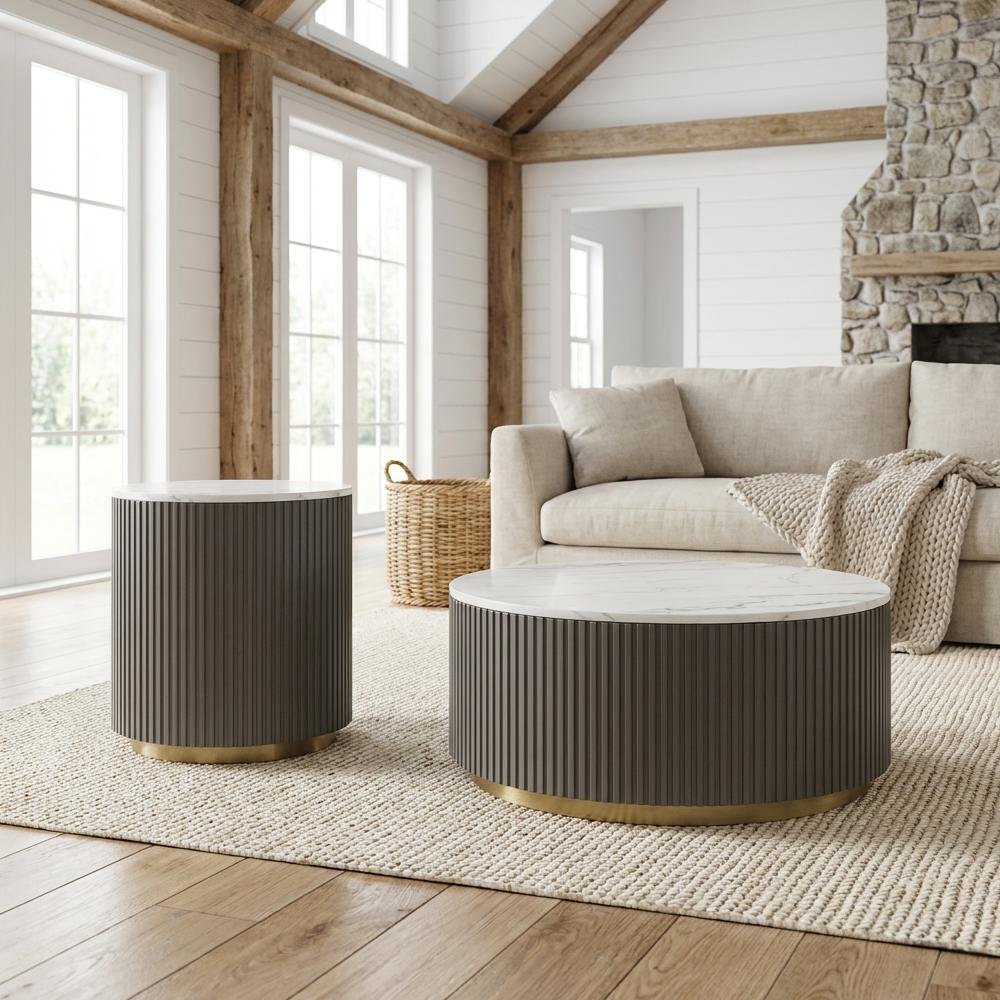 White 2-Piece Round Coffee and End Table Set with Contemporary Design