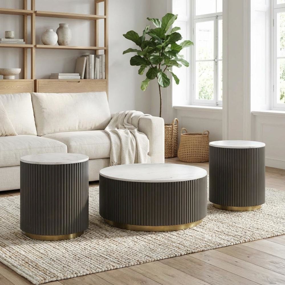 White 3-Piece Round Marble Coffee and End Table Set with Contemporary Style