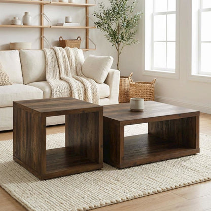 Dark Pine 2-Piece Coffee and End Table Set with Square Shape and Plastic Glide