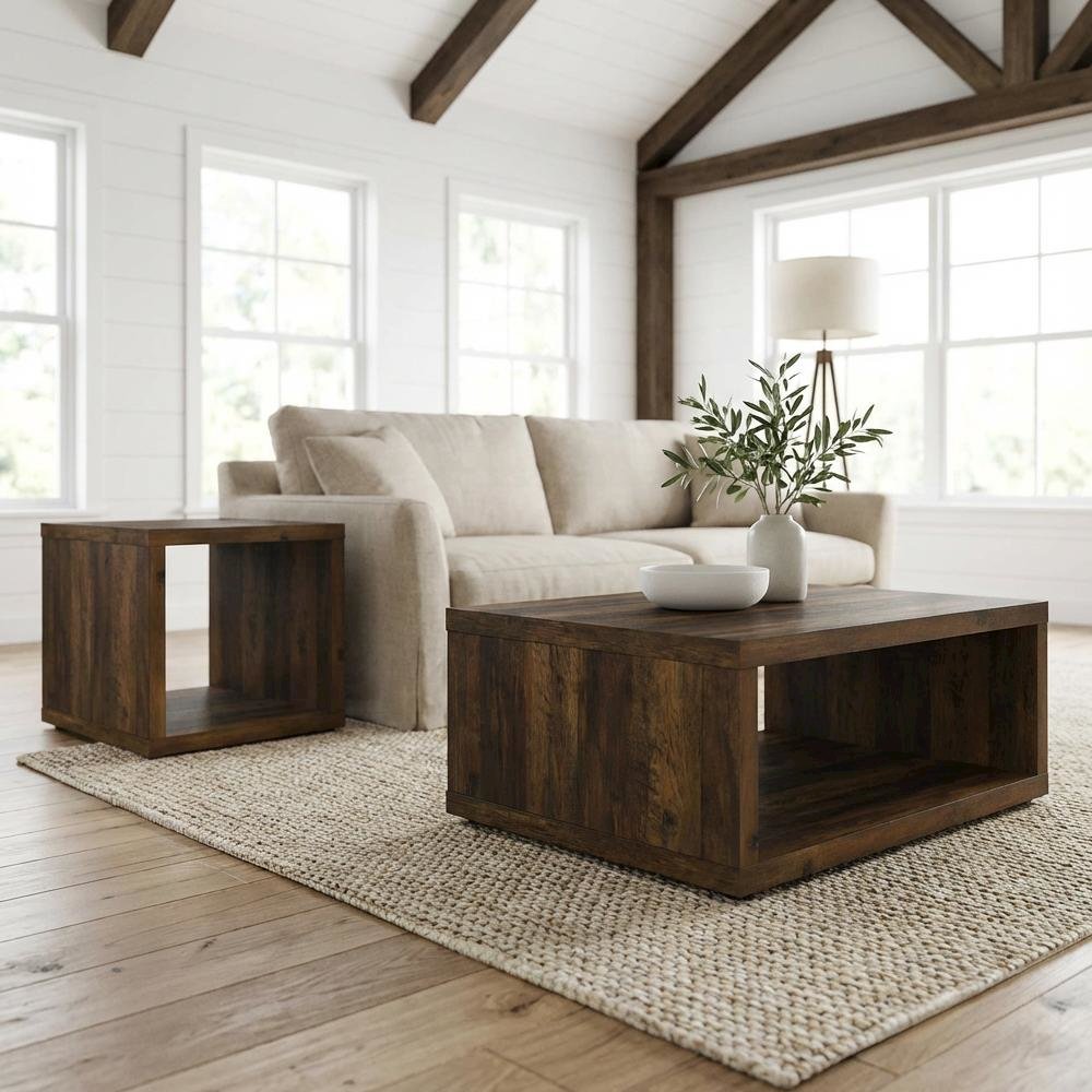 Dark Pine 2-Piece Coffee and End Table Set with Square Shape and Plastic Glide