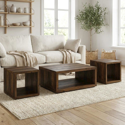 Dark Pine 3-Piece Coffee and End Table Set with Plastic Glide, Farmhouse Style