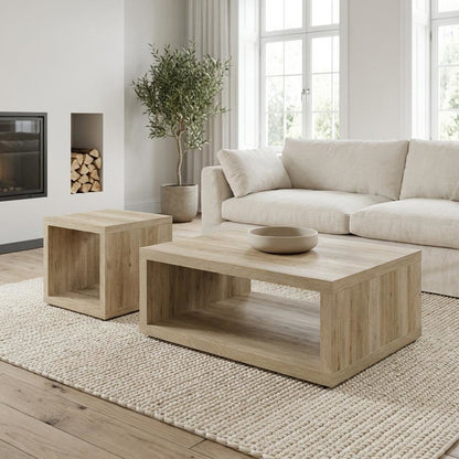 Distressed Pine 2-Piece Coffee and End Table Set with Square Shape