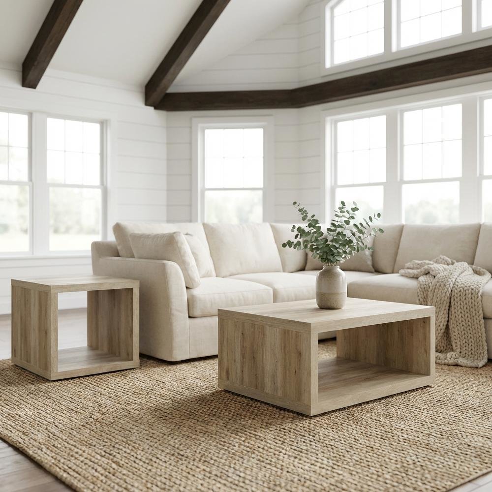 Distressed Pine 2-Piece Coffee and End Table Set with Square Shape
